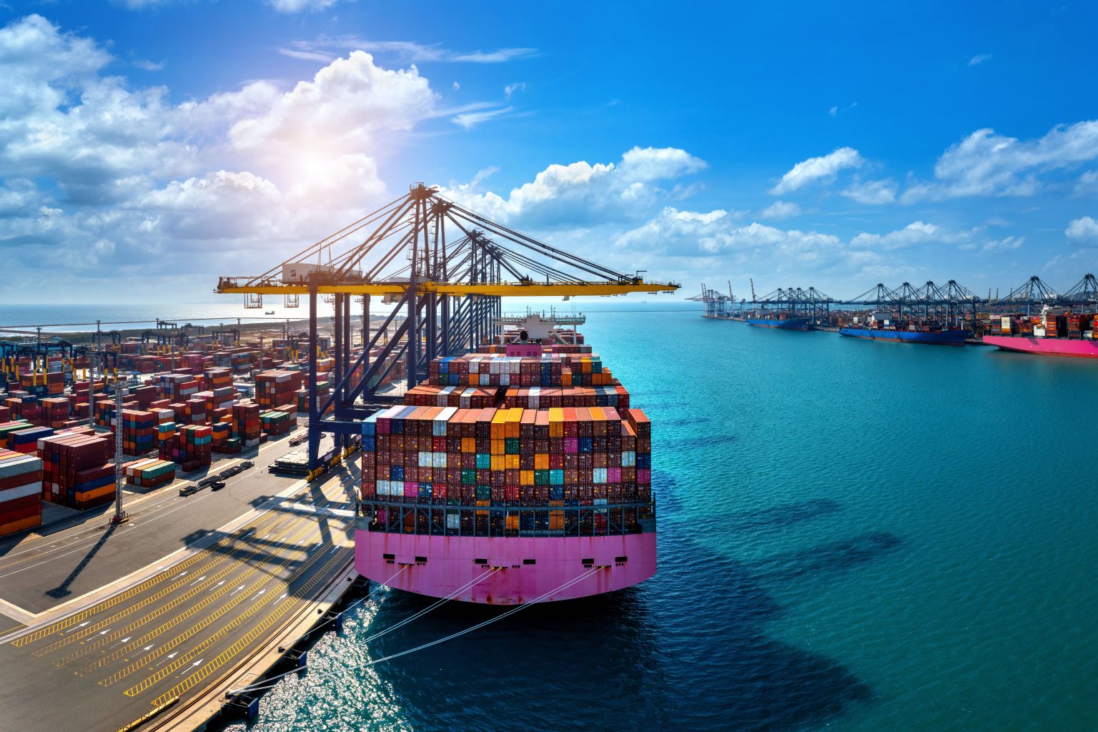 Aerial view of a container ship in a port